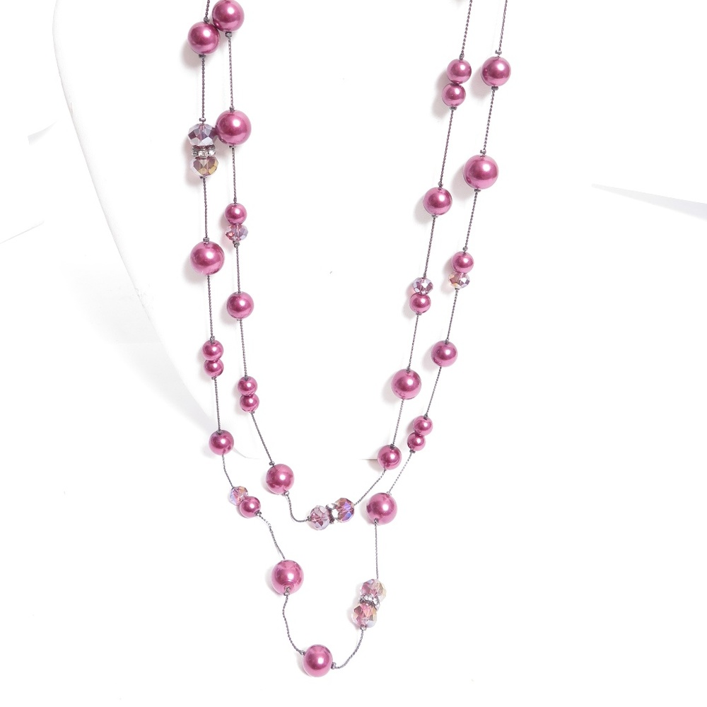 Coldwater Creek Plum Purple Faux Pearl‎ and Crystal Long Strand Necklace 36in
